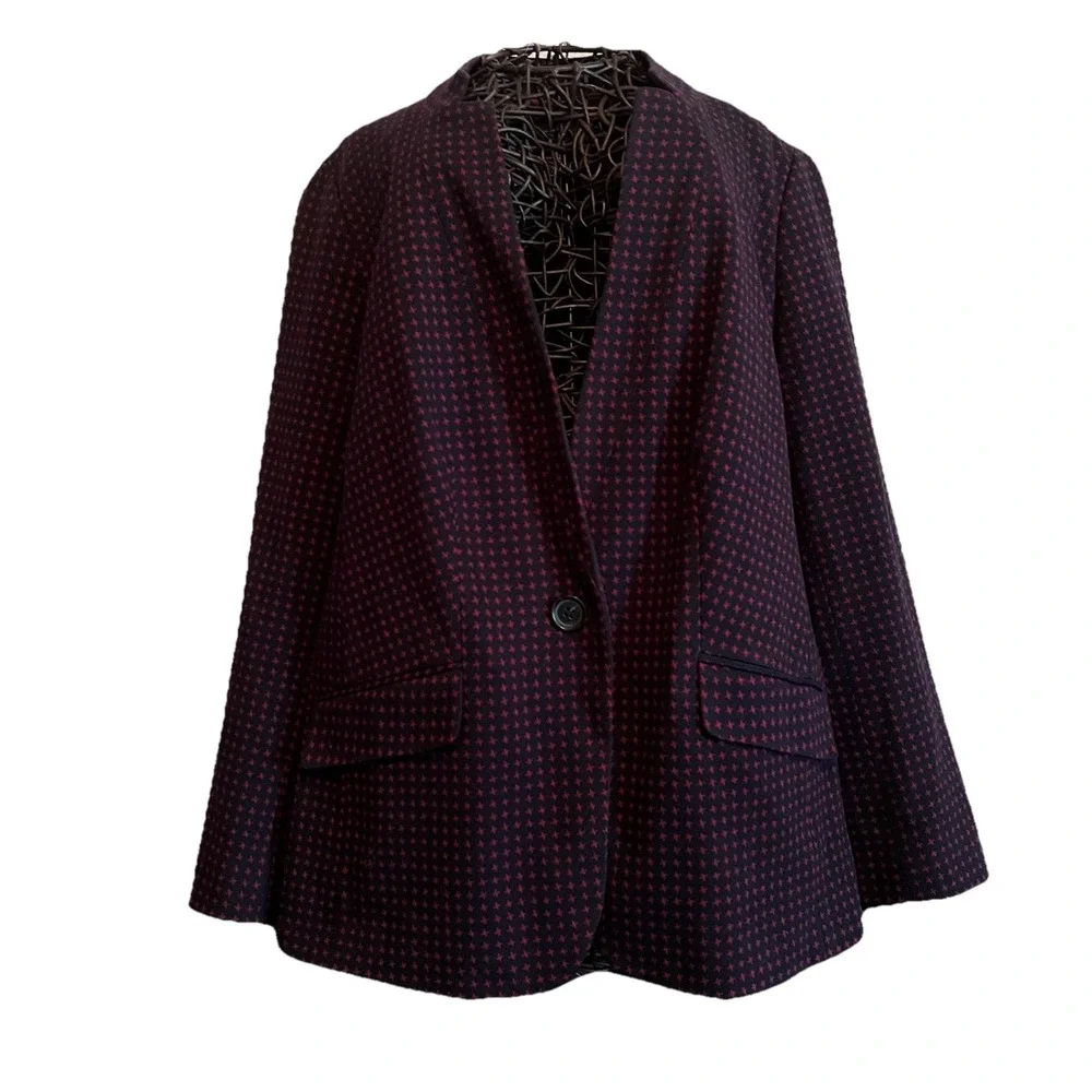 Talbots Aberdeen Knit 1 Button Blazer Jacket 14W‎ Navy Blue Red Mandarin Collar